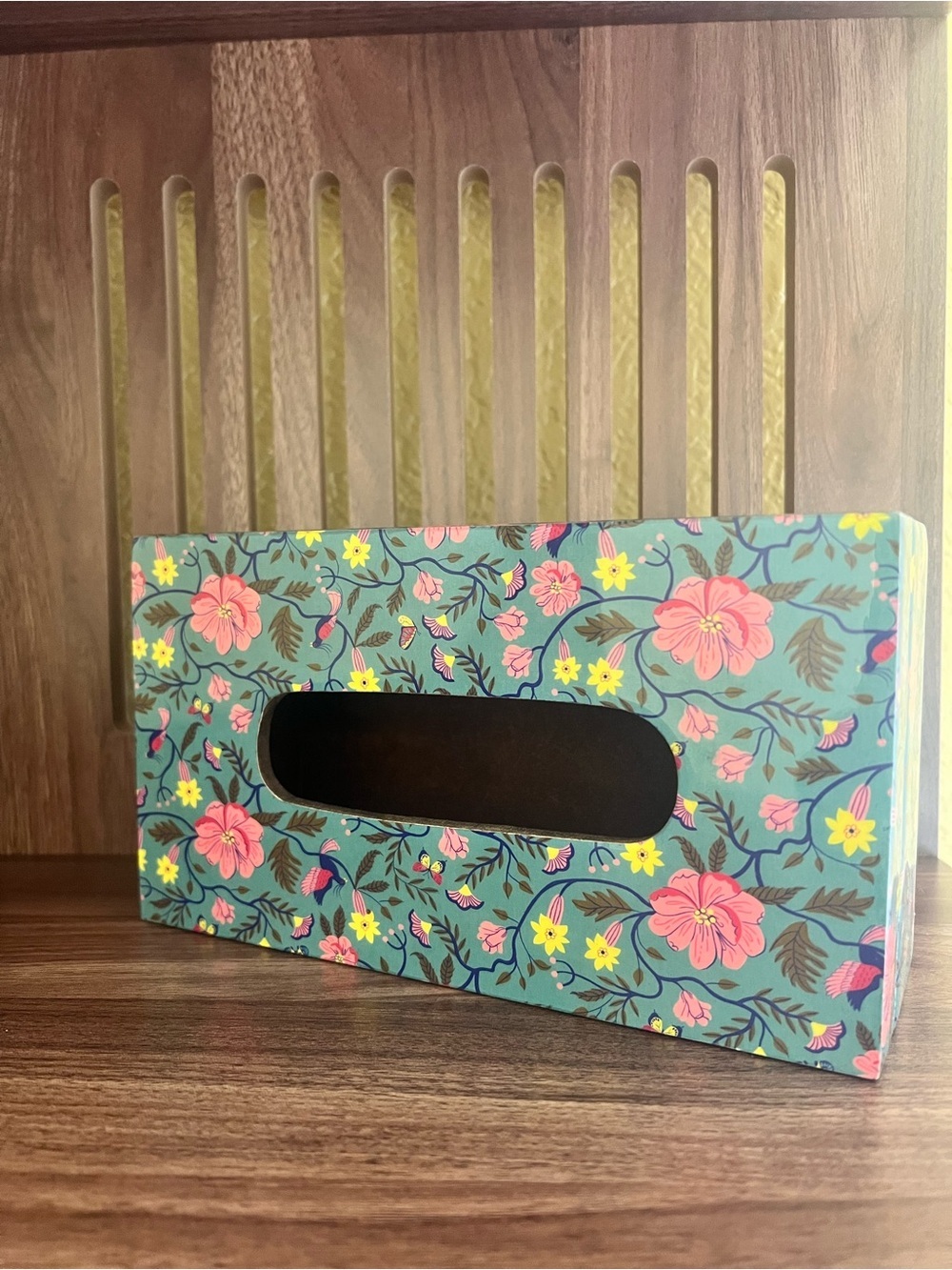 Chumbak Wood Floral Tissue Box Cover - Teal Pink & Yellow Flowers